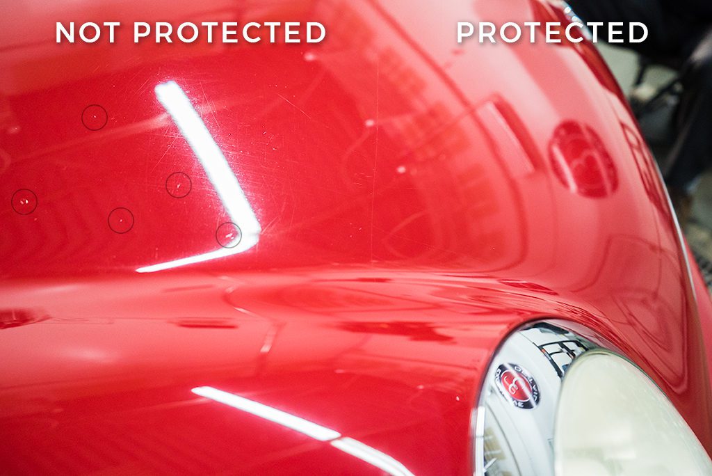 Paint Protection Film PPF before and after on car hood – showing scratches avoided with protection