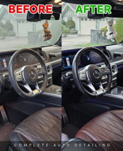 Before and after complete auto detailing Vancouver – Mercedes interior deep cleaned with fresh dashboard and steering shine by AutoAlchemy