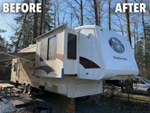 Before and after mobile RV detailing Vancouver – dusty dirty RV transformed to fresh clean and shiny by AutoAlchemy in Surrey, Burnaby & Langley