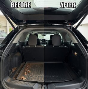 Before complete auto detailing Vancouver – dirty trunk and cargo area full of dust and leaves in Surrey & Burnaby