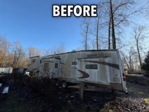 Before mobile RV detailing Vancouver – grimy and dusty RV exterior covered in dirt and road buildup in Surrey BC