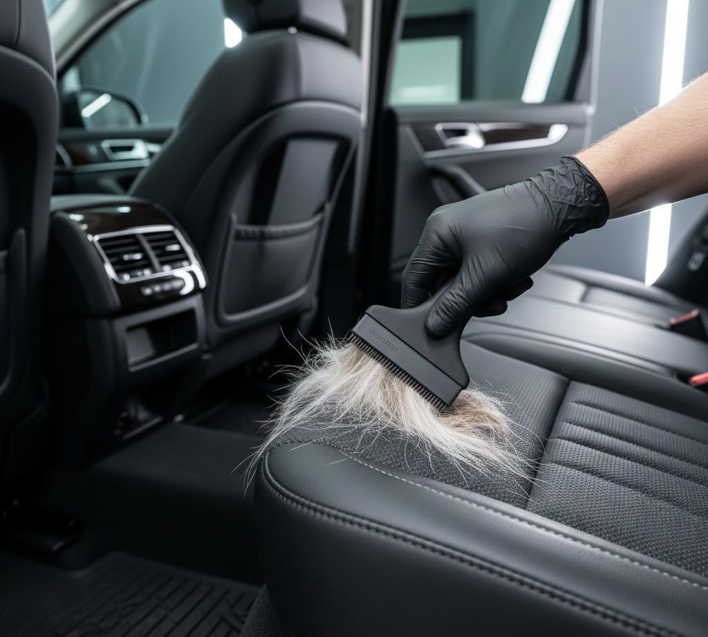 Pet hair removal add-on service Vancouver – professional mobile detailing removes pet fur from seats and carpets in Surrey, Burnaby & Langley