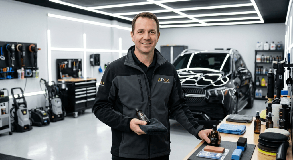 Certified automotive detailer professional standing in detail bay with ceramic coating products, demonstrating 14 years of expertise in car protection