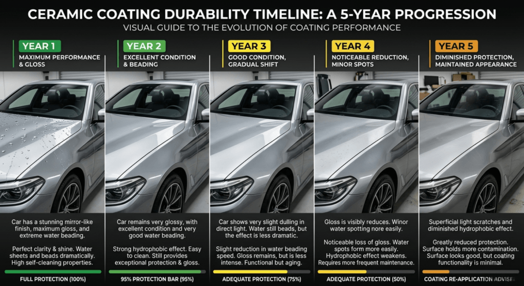Timeline infographic showing ceramic coating durability progression from year 1 (perfect protection) through year 5 (diminished protection) in Vancouver climate
