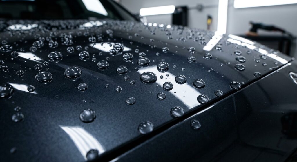 Timeline infographic showing ceramic coating durability progression from year 1 (perfect protection) through year 5 (diminished protection) in Vancouver climate