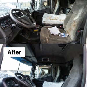 Before mobile truck interior detailing Vancouver – dirty semi sleeper cab with dust, stains and clutter in Surrey & Burnaby