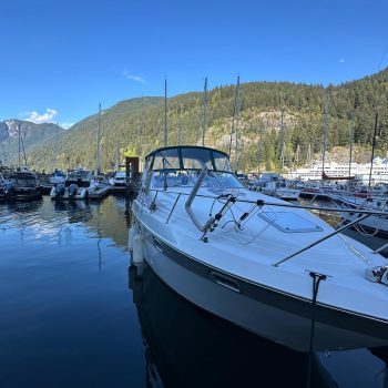 Boat ceramic coating applied on fiberglass hull for UV and salt protection in BC waters